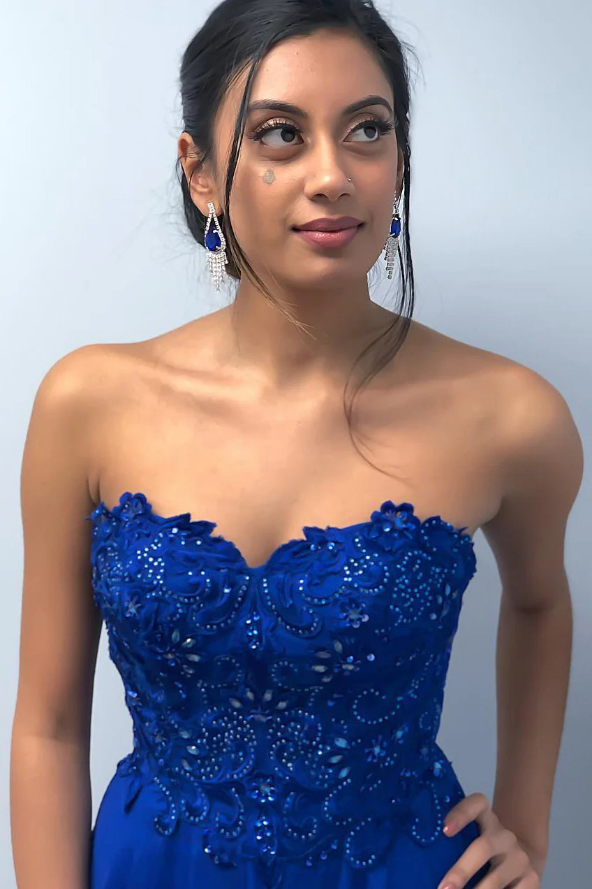 Vestidos formales/Vestido de fiesta largo azul marino con escote en forma de corazón y cuentas